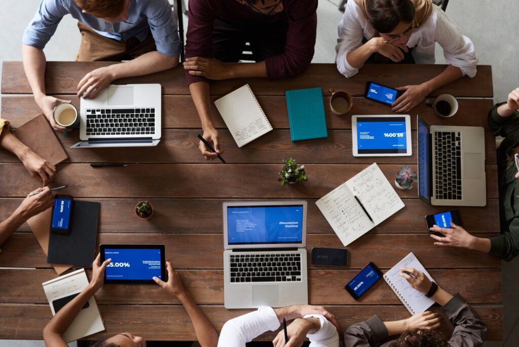 Legal professionals collaborating in modern office